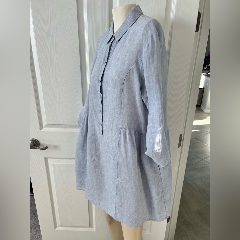 Halston 100% Linen Long-Sleeved Hi-Lo Mini Button-Up Dress Sz L - Picture 4 of 10